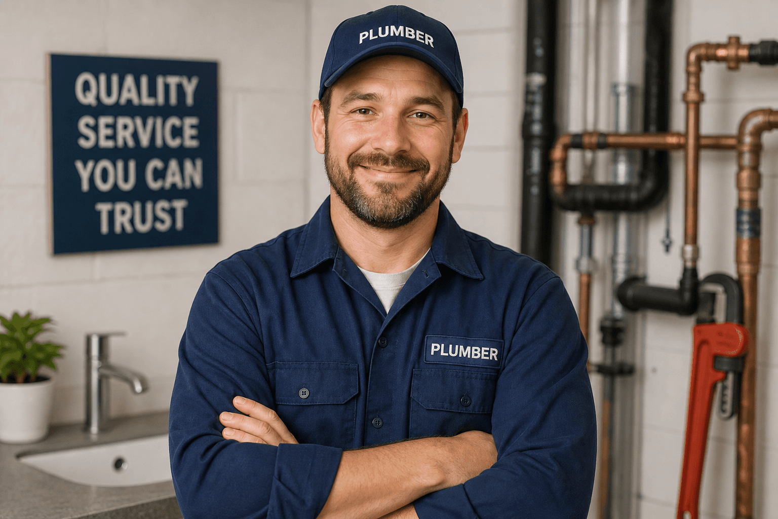 Plumbing service professional smiling, ready to help customers
