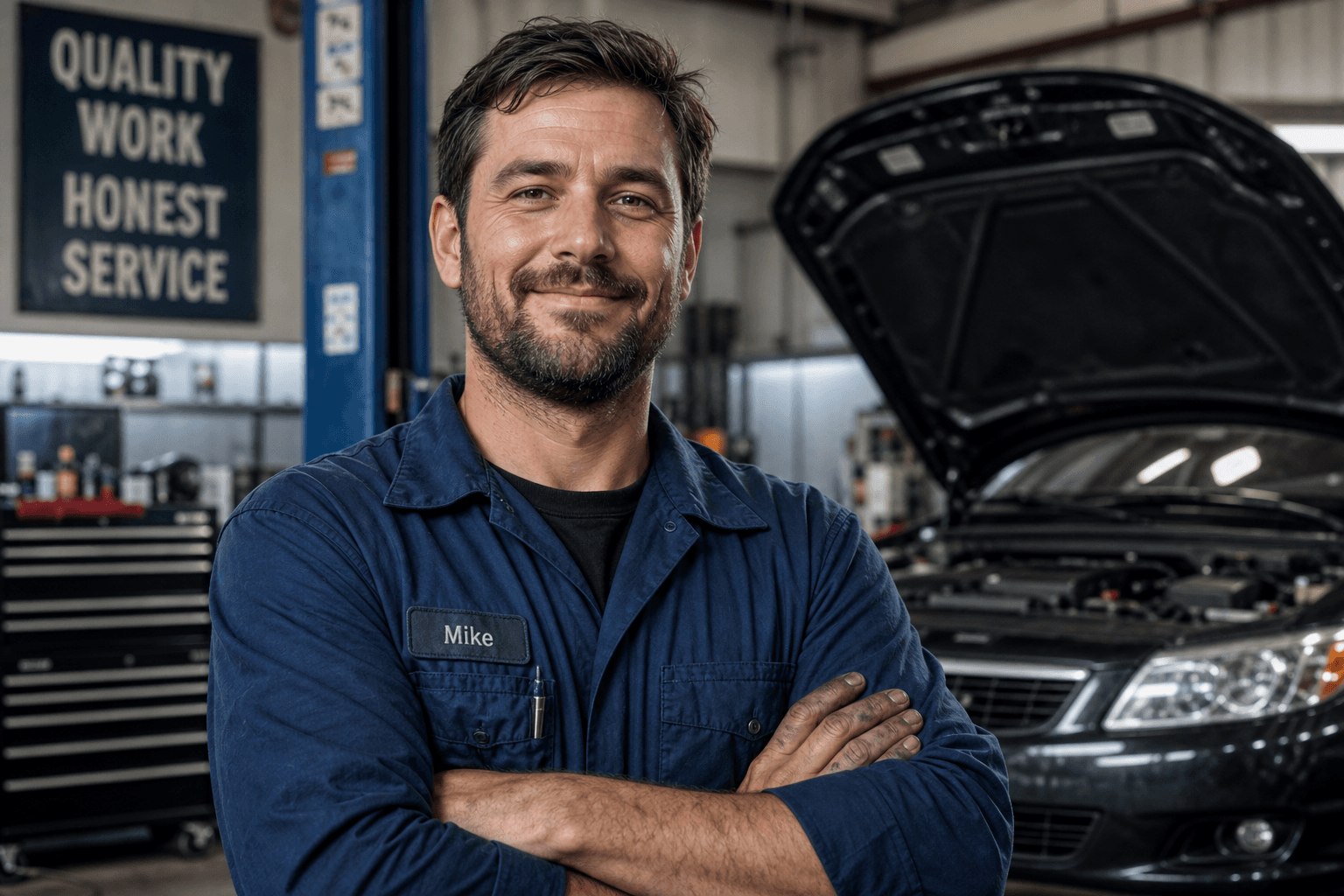 Auto repair service professional smiling, ready to help customers