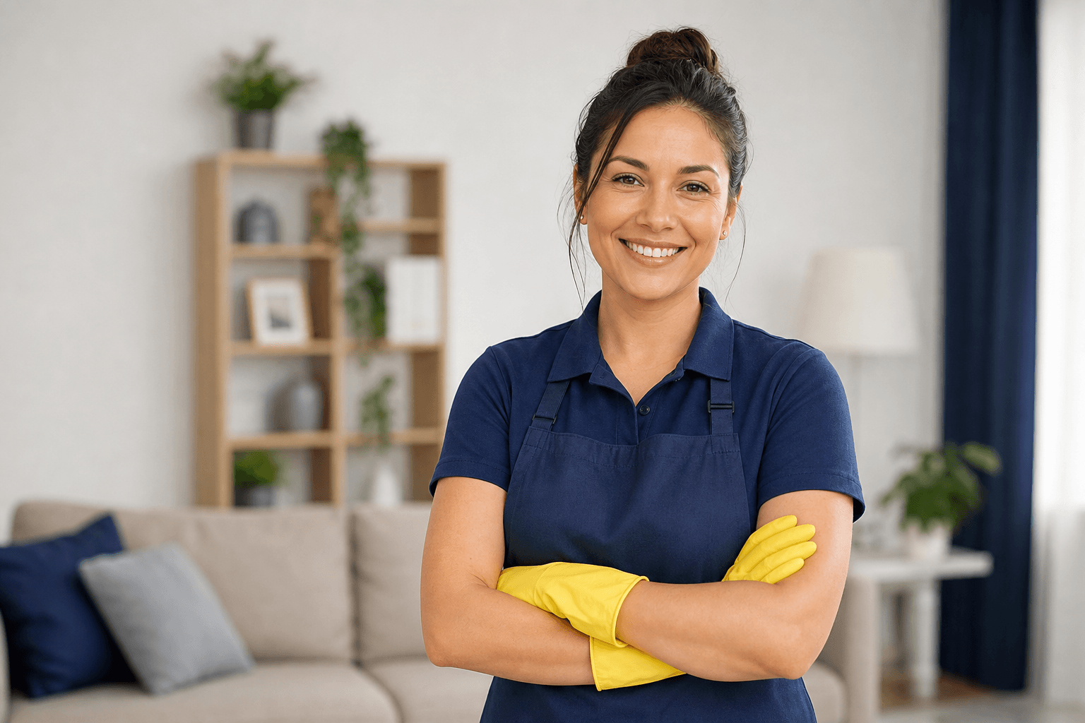 Cleaning service professional smiling, ready to help customers