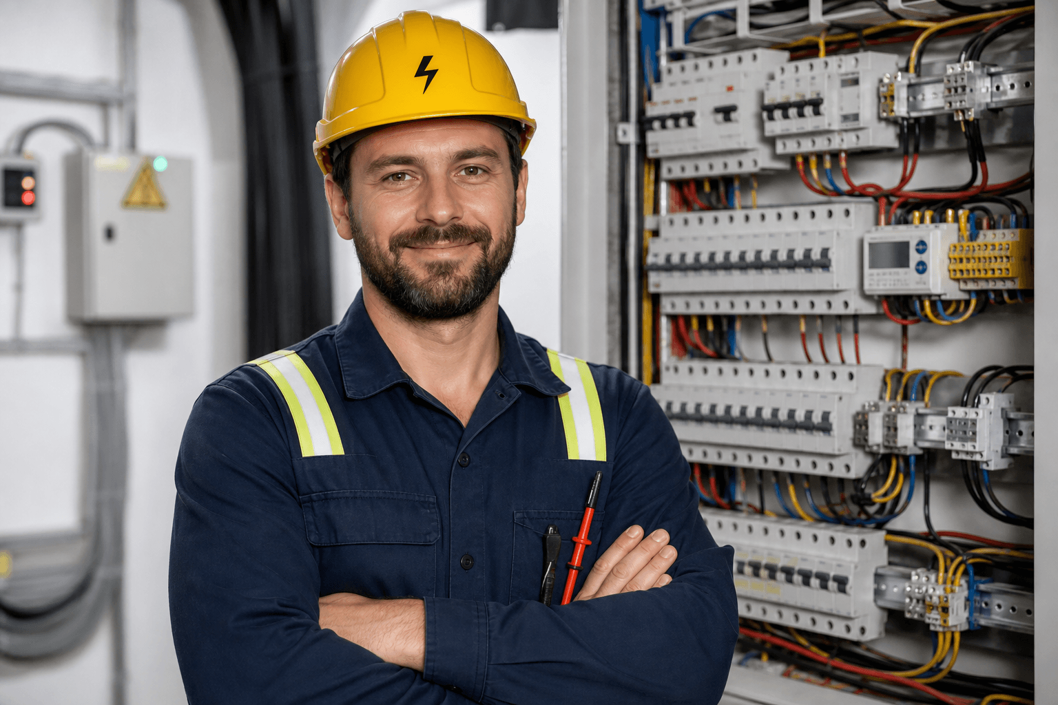 Electrical service professional smiling, ready to help customers