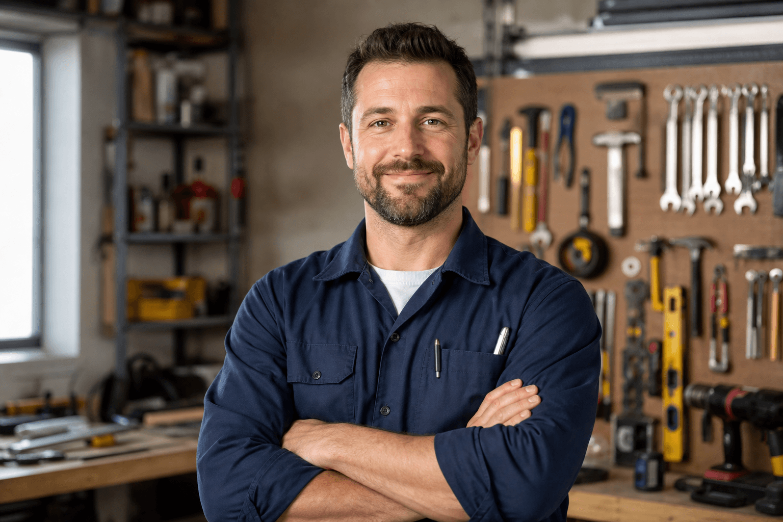 Handyman service professional smiling, ready to help customers