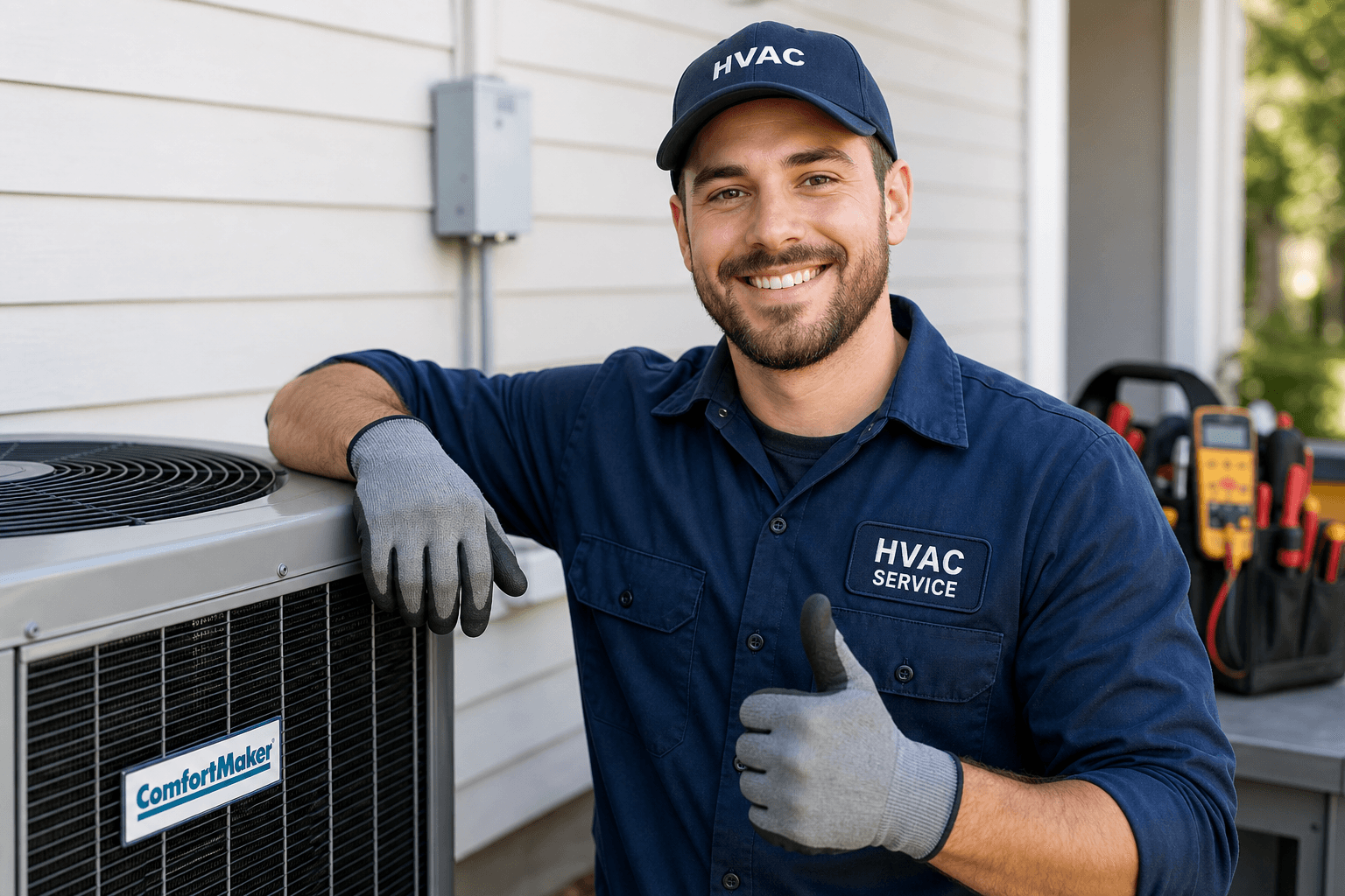 HVAC service professional smiling, ready to help customers