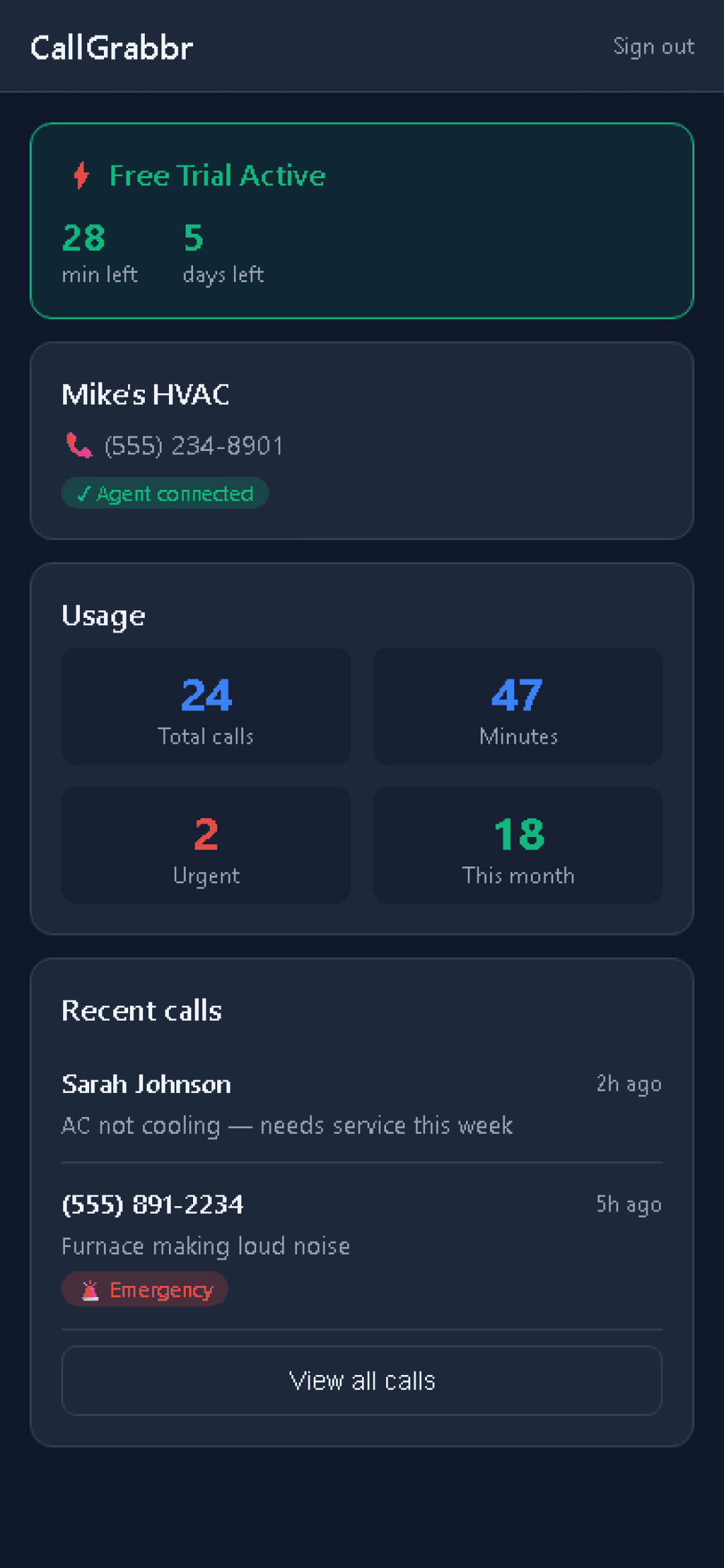 CallGrabbr mobile dashboard showing trial status, usage stats, and recent calls